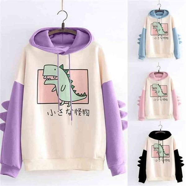 

fashion women sweatshirt casual print long sleeve splice dinosaur hoodies 210809, Black
