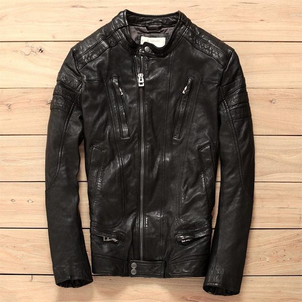 

men's leather & faux korean fahsion slim fit genuine stand collar diagonal zipper brand motorcycle jacket for men clothing, Black