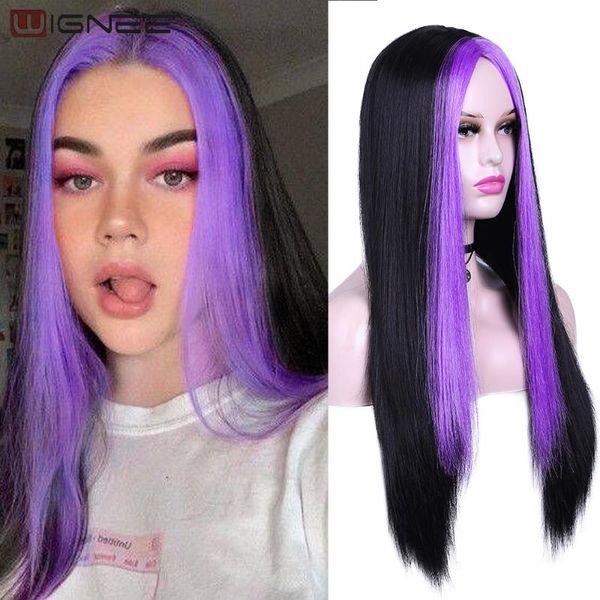 

synthetic wigs wignee fashion long black wig straight hair highlighting purple middle part for girls with cosplay