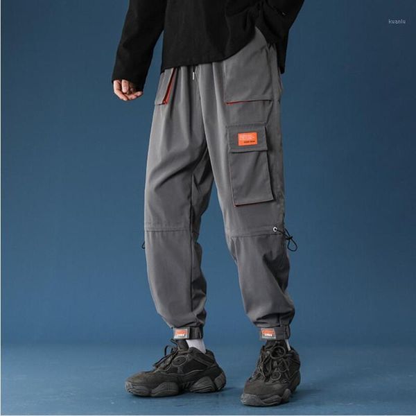 

men's pants 2021 solid color cargo men casual japanese elastic waist loose big size harem, Black