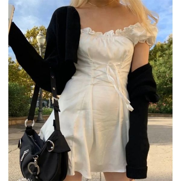 

summer vintage women mini satin dress short sleeve lace up party 210513, Black;gray