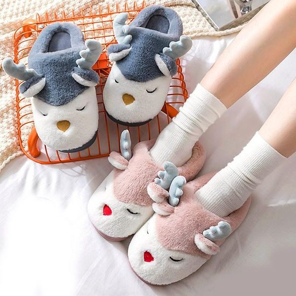 

women winter home slippers cartoon deer elk non-slip soft warm house shoes men ladies girs indoor bedroom couples floor footwear, Black