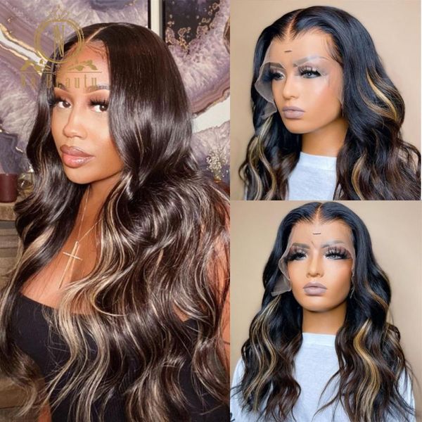 

lace wigs blonde highlight wig 13x4 front human hair body wave ombre colored hd transparent frontal nabeauty remy 180, Black;brown