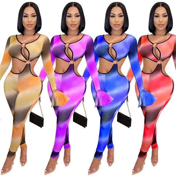 

Womens Designer Bodysuit V Neck Hollow Out Jumpsuits Spring Autumn Gradient Color Print Sexy Fashion Casual Female Rompers, Red