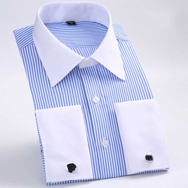 

men's dress shirts loose french cuff regular fit luxury striped business long sleeve cufflinks social pluse size 6xl 210705, White;black