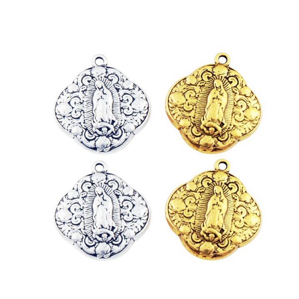 Medalha Retrô de Nossa Senhora do Escapulário Charm Católico Beads 50x37mm Antique Prata / Gold Pingente de Colar L1789 6 pcs / lote