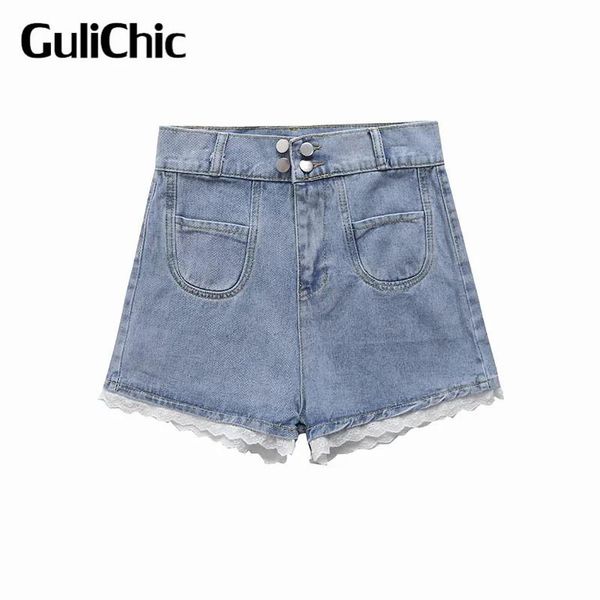 

women's jeans 7.2 women summer high waist shorts spliced lace straight denim, Blue