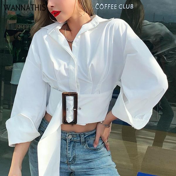 

wannathis casual long sleeve turn-down collar loose blouse women sashes decoration autumn winter fashion white streetwear shirt women's