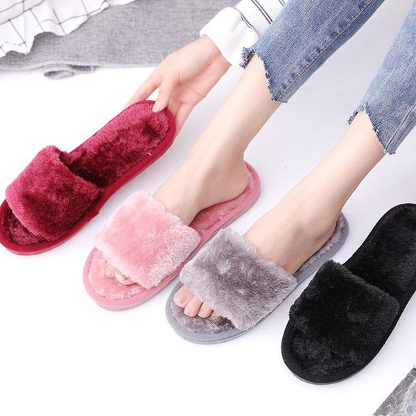 

fall winter fashion slippers solid color open toe cotton ladies flat heel warm shoes breathable non-slip, Black