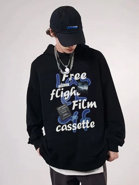 

men slogan graphic drop shoulder drawstring hoodie 96fm#, Black