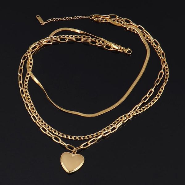 

chains multilayer necklaces thick chain necklace stainless steel for women heart pendant charm jewelry gift, Silver
