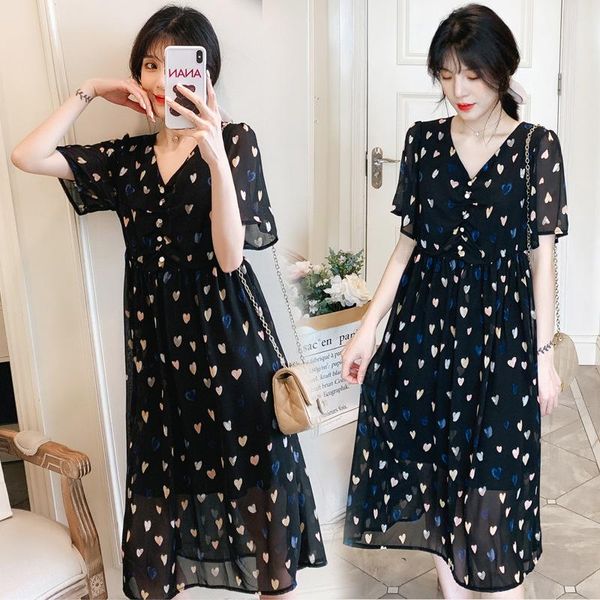 

pregnant women v-neck dress nursing clothes casual love pattern chiffon summer maternity dresses, White
