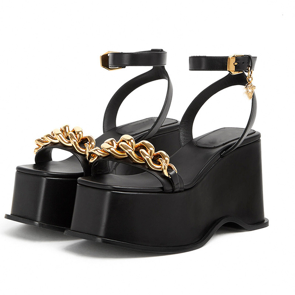 

dress shoes modern gold chain wedge heel sandals fashion thick sole platform women buckle strap big size 43, Black