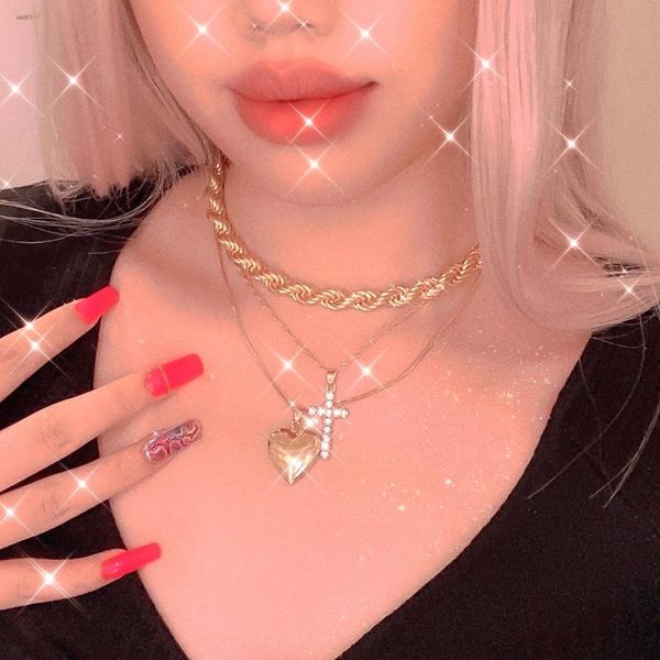 

pendant necklaces y2k multi layer heart cross necklace for women vintage charms crystal choker gossip girls 90s style jewelry, Silver