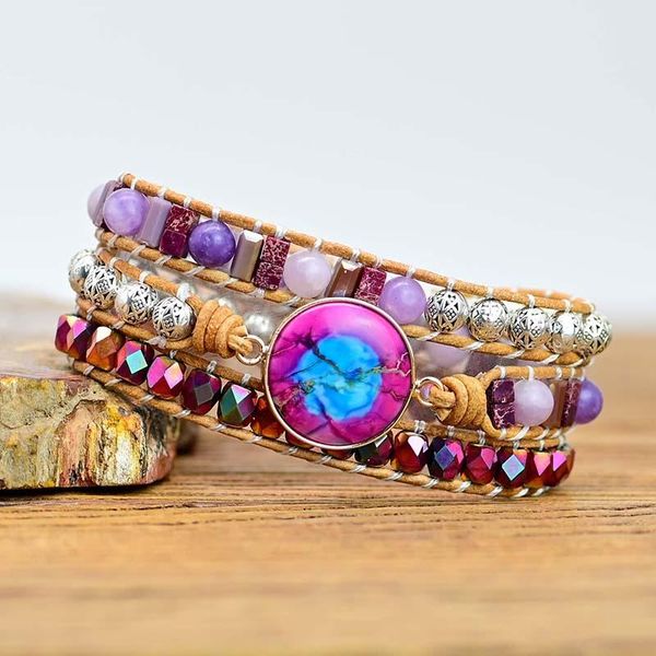 

charm bracelets 4unik women boho purple leather wrap nautural stone tibetan beads wristband bracelet teengirl jewelry bijoux dropship, Golden;silver