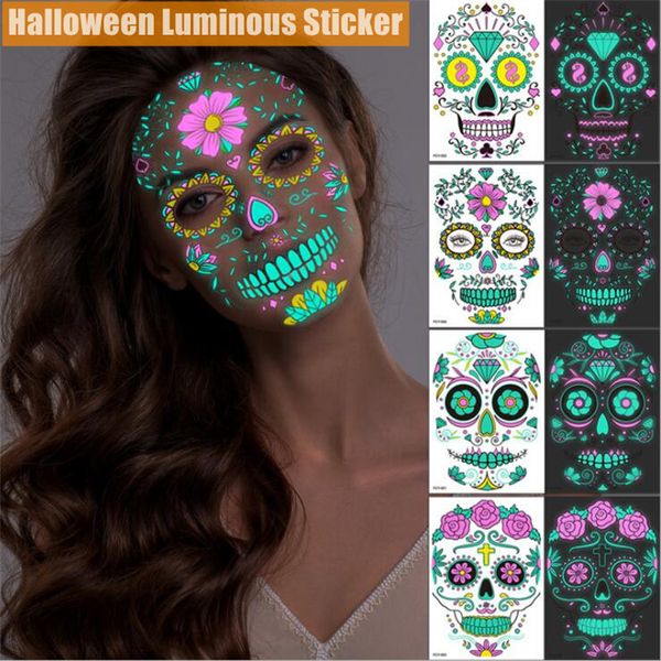 Decorazione per feste Tatuaggi viso di Halloween Glow in the Dark Ragnatela Cicatrici Rose Maschera a pieno facciale Adesivi per tatuaggi luminosi per donne Uomini A02
