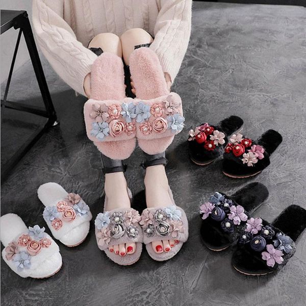 

women's cotton slippers flat bottomed antiskid thermal cow's tendon bottom flower wool shoes, Black