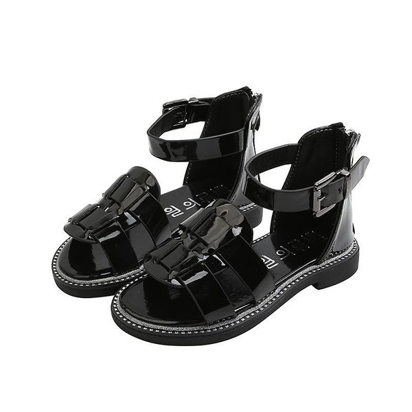 

gladiator sandals kids flat dress shoes for little girl beach shoe elegant summer child patent leather 3-12 years, Black;red