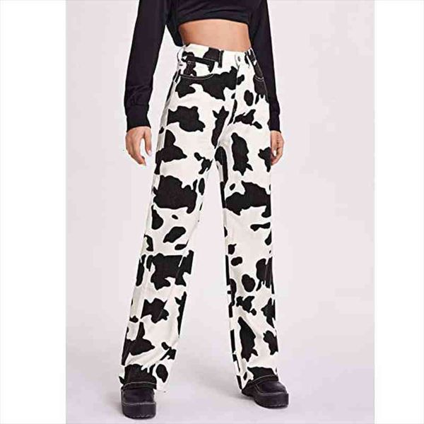 

female straight jeans korean style casual wild cow skin pattern high waist trendy trousers for daily streetwear for seasons, Blue