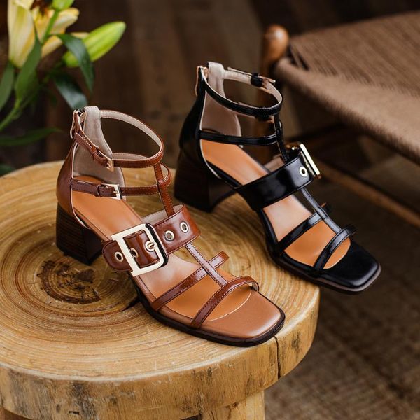 

sandals leather retro women's shoes fashion boots heels x872, Black