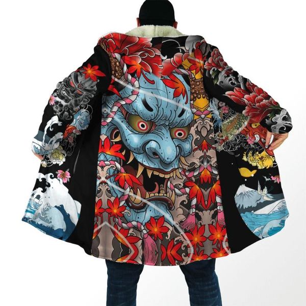 Herren Wollmischungen 3D All Over Bedruckter Kapuzenmantel Japanisches Oni-Maskenmuster Winter Warmer X-Langer Mantel Herren Unisex Flanell-Outwear Drop