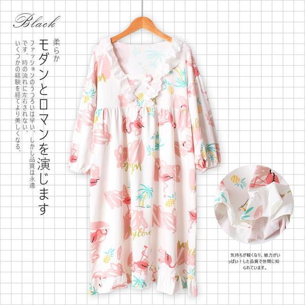 

women's sleepwear 2021 spring flamingo print night dress women nightgown long sleeve comfortable cotton loose cute sweet sleeping, Black;red