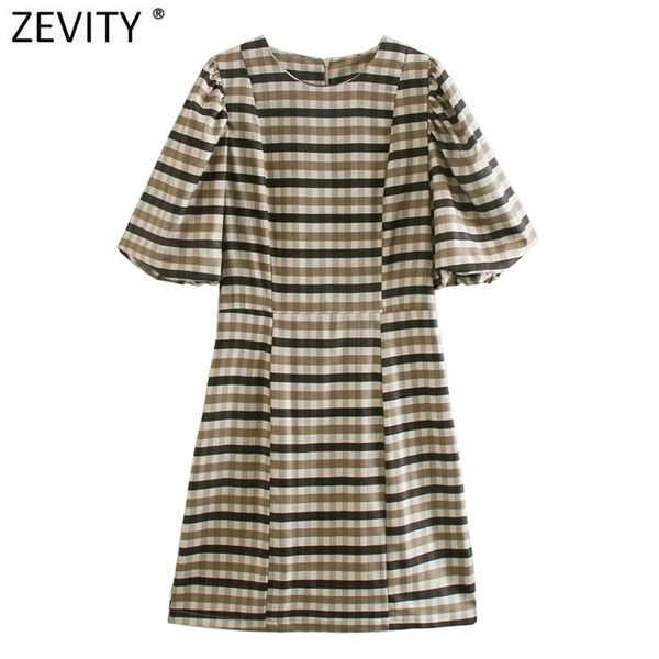 

women vintage pleats puff sleeve plaid print casual slim kimono dress female retro chic back zipper vestido ds5052 210416, Black;gray