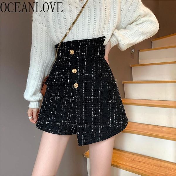 

women's shorts oceanlove tweed women irregular high waist buttons plaid autumn winter feminino korean fashion roupas femininas, White;black