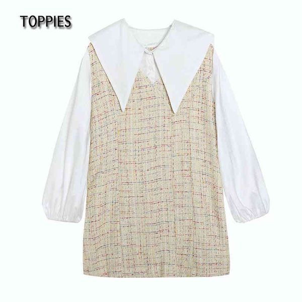 

lies fashion twill tweed dress women lantern sleeve mini dress peter pan collar cute blouses 210412, Black;gray