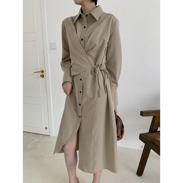 

casual dresses early spring single-breasted button irregular shirt dress female mid-length elegant long sleeve bandage plus size, Black;gray