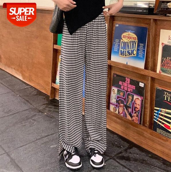 

ins split chiffon slim drape houndstooth knit wide-leg pants #ll3s, Black;gray