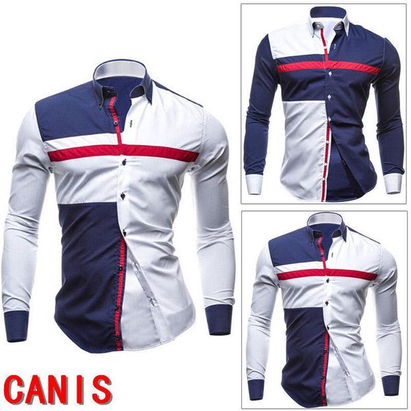 

nice men luxury casual slim fit long sleeve dress shirts formal contrast patchwork shirt men's, White;black