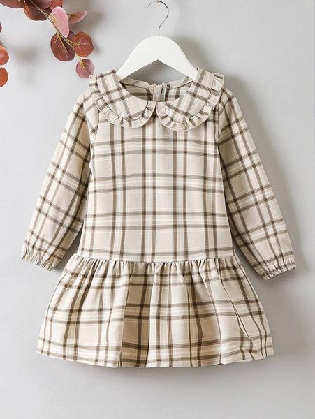 

toddler girls plaid peter pan collar ruffle hem smock dress she, Red;yellow