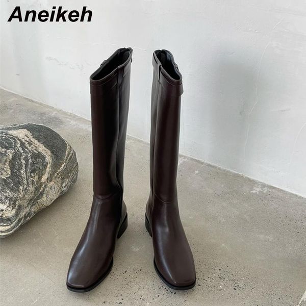 

boots aneikeh winter fashion square toe knee-high women's shoes pu heel equestrian metal decoration british style zipper, Black