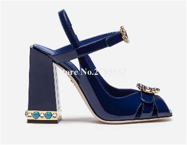 

dress shoes brand design peep toe rhinestone square heel pumps blue leather chunky crystal high heels wedding, Black