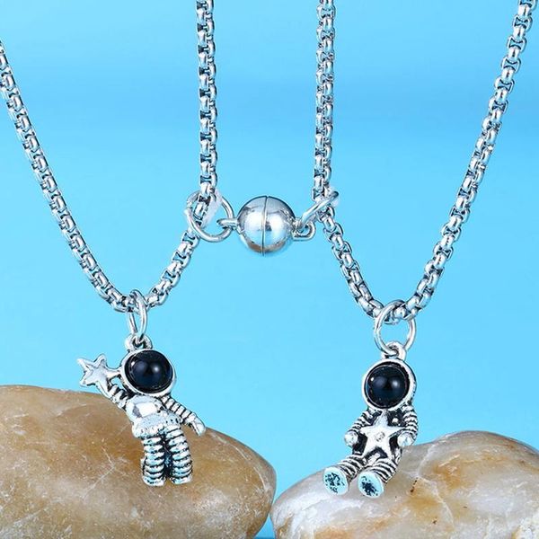 

pendant necklaces cute astronauts magnet attraction couple necklace friendship jewelry creative cool chain for women men gift, Silver