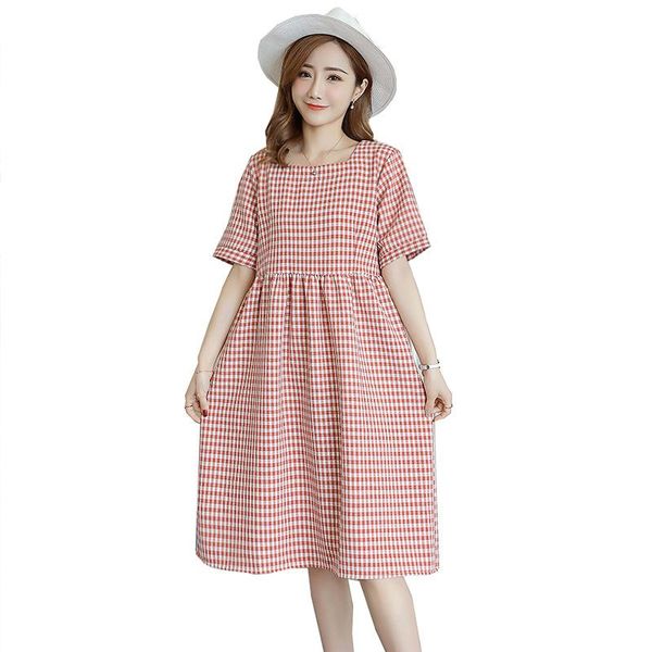 

summer loose maternity cotton linen dress retro plaid clothes for pregnant women pregnancy short sleeve dresses, White