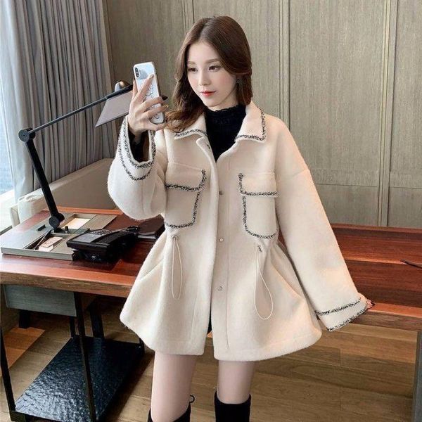 

women's jackets fashion belt pocket plush tweed coat autumn and winter foreign style versatile waist closing loose korean short, Black;brown