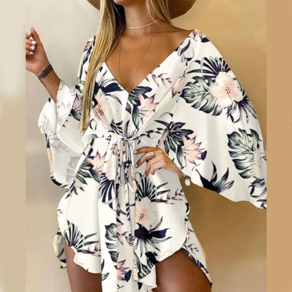 

casual dresses women summer fashion color block print party dress elegant v-neck lace up mini asymmetric lady bat sleeve, Black;gray