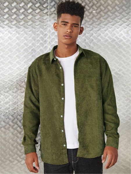 

men solid button front corduroy shirt t9mp#, White;black