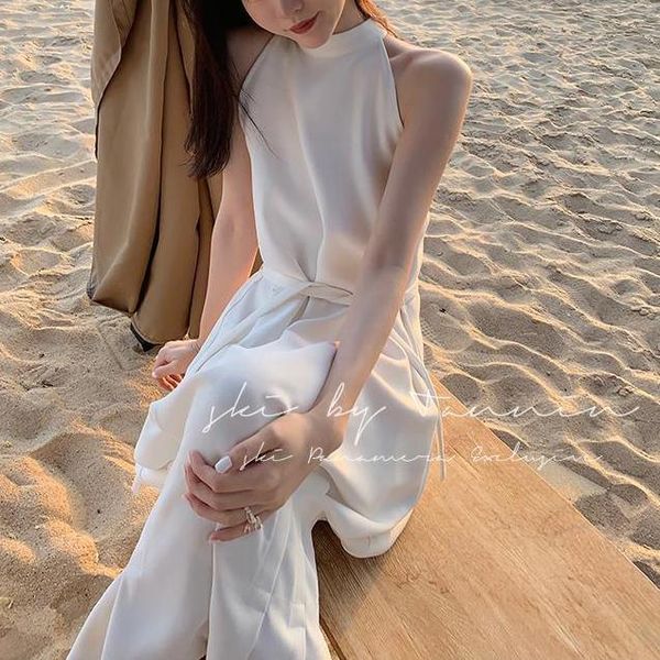 

casual dresses dress white halter neck sleeveless women loose lace-up temperament fishtail summer ankle-length vintage silk, Black;gray