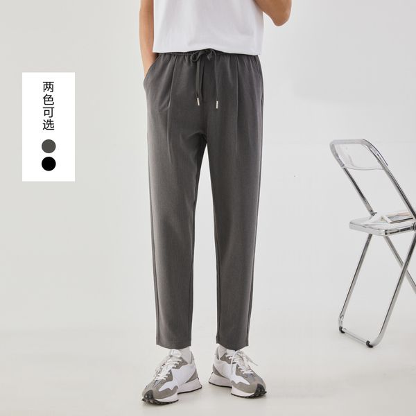 

men's yizhi grey casual pants korean drawstring waist straight in spring 2021, Black