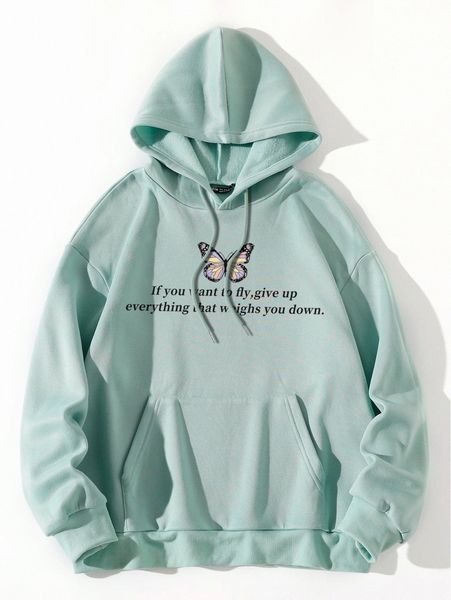 

butterfly & slogan print kangaroo pocket thermal lined hoodie x8fq#, White;black