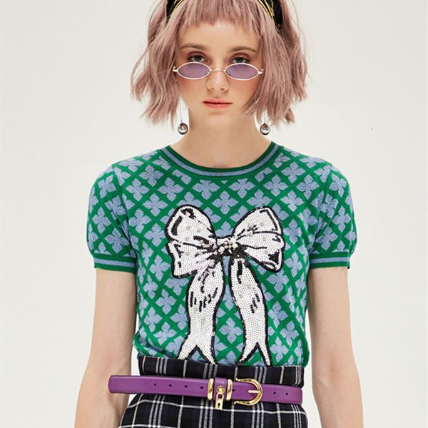 

polos 2021 summer t shirt women bows sequins bow knitted t-shirt o-neck short sleeve tshirt fashion green geometric tee, White