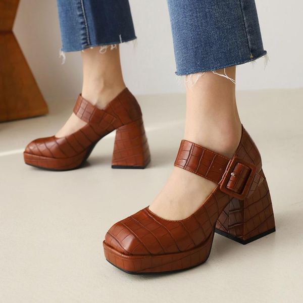 

dress shoes 2021 spring summer fashion solid pumps big size 43 high thick heels retro style comfy walking woman office lady casual, Black