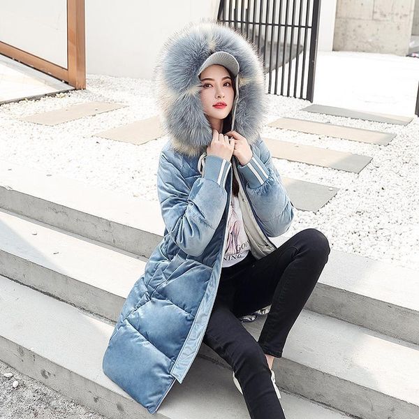 

women's down & parkas vintage velvet parka women fashion hooded large fur collar long padded jacket female korean thick coat mujer snow, Black