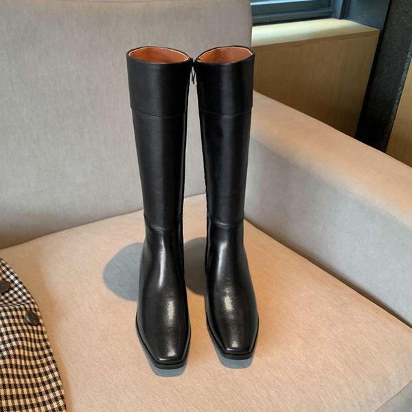 

boots lenkisen genuine leather square toe med heel winter shoes simple design european style beauty lady casual knee-high boots l101 zmnq, Black