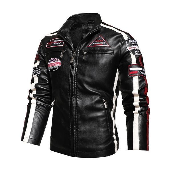 

red and white striped pattern stitching motorcycle wind men's leather jacket high-quality stand-up collar retro comfortable windproof f, Black