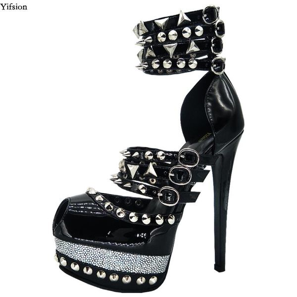 

olomm women platform sandals rivets stiletto high heels peep toe black party shoes us plus size 4-12