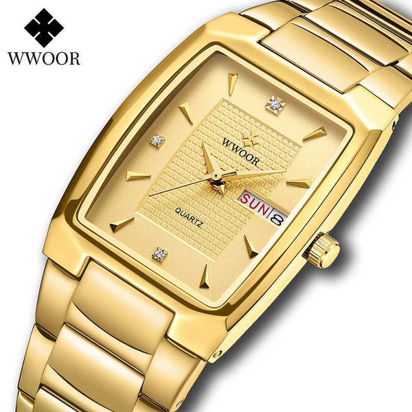 

wwoor square watch men with automatic week date luxury stainless steel gold mens quartz wrist watches relogio masculino 210728, Slivery;brown